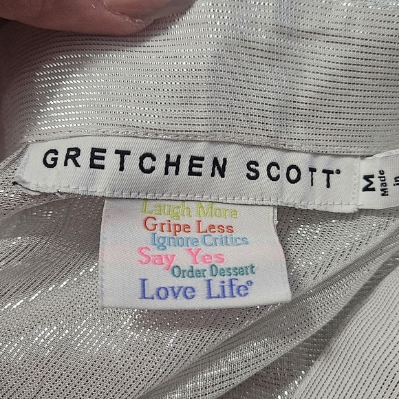 GRETCHEN SCOTT Breezy Blouson Dress- Glinda lurex -silver/white. Size Medium - Picture 2 of 16